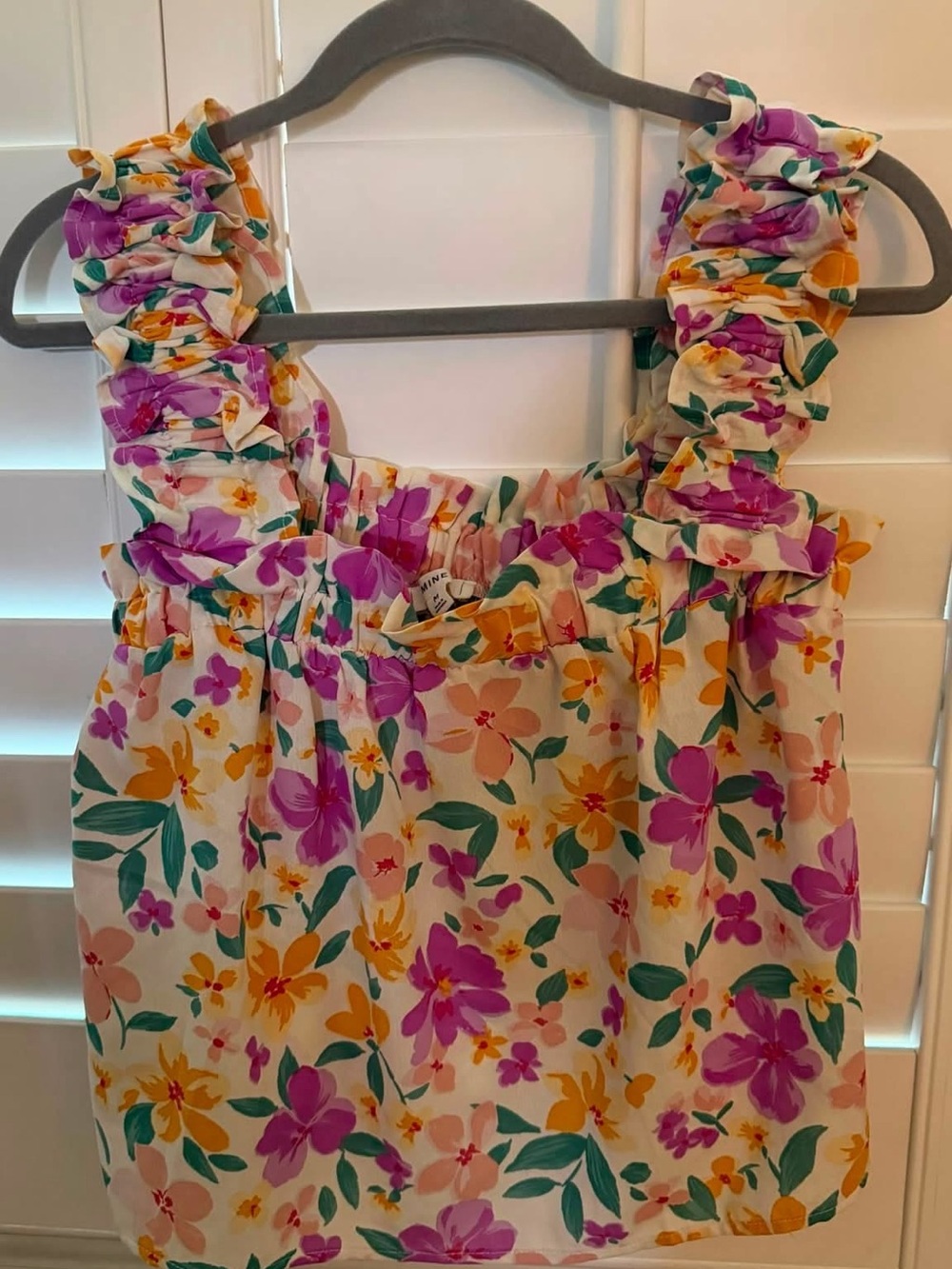 MINE Cream Floral Ruffle Tank with Purple & Yellow Blooms